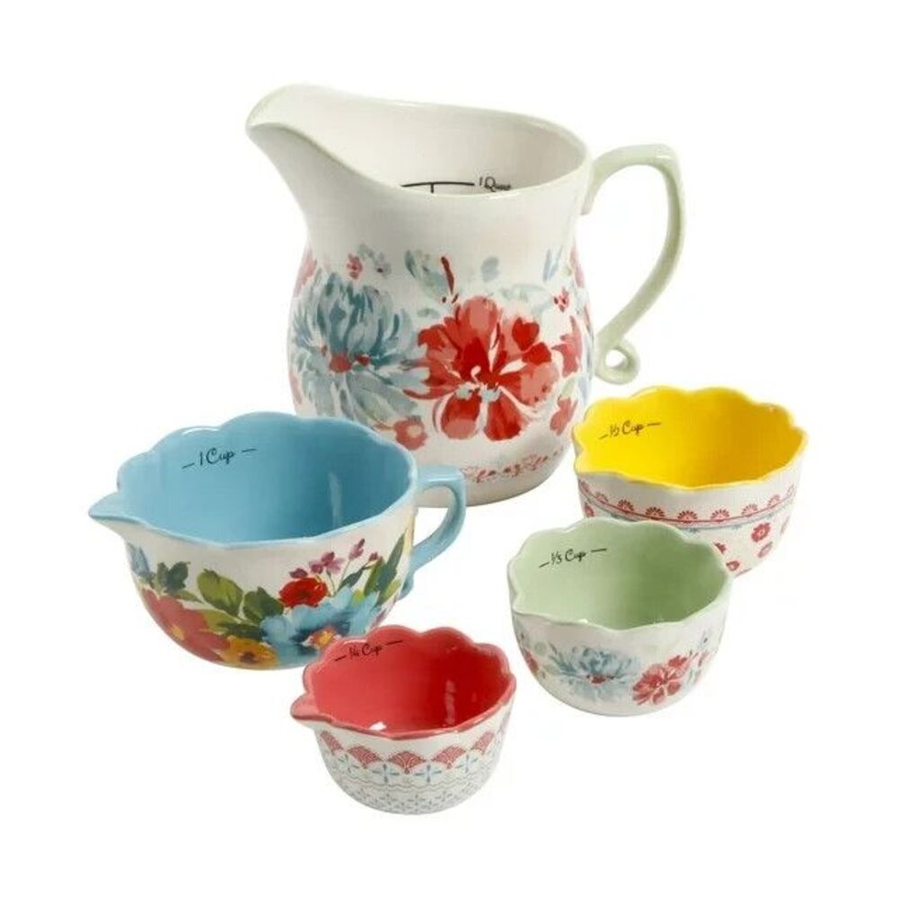 Pioneer Woman Gorgeous Garden Floral Prep 5 pcs Set Jug Measuring Cups Ceramic